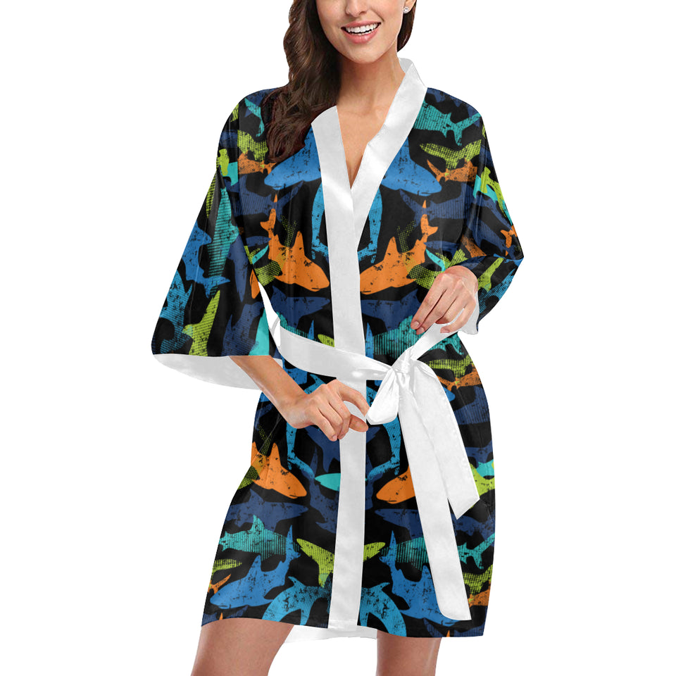 Colorful shark Women's Short Kimono Robe