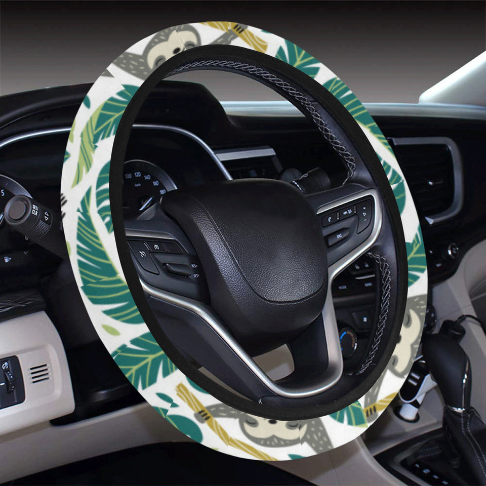 Cute sloths tropical palm leaves white background Car Steering Wheel Cover