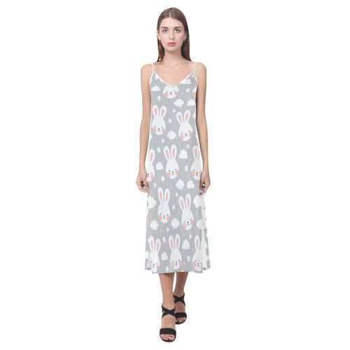 Rabbit cloud Pattern V-Neck Open Fork Long Dress