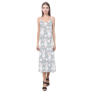 Rabbit cloud Pattern V-Neck Open Fork Long Dress