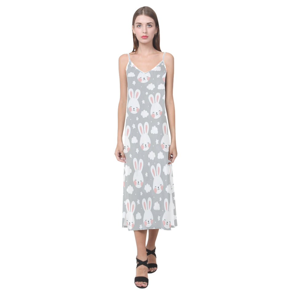 Rabbit cloud Pattern V-Neck Open Fork Long Dress