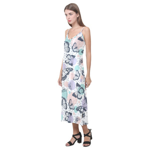 Butterfly pattern V-Neck Open Fork Long Dress