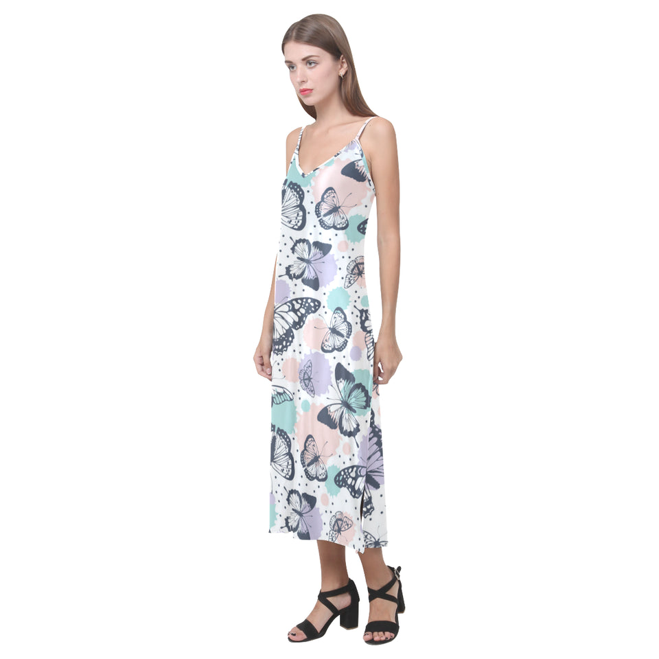 Butterfly pattern V-Neck Open Fork Long Dress