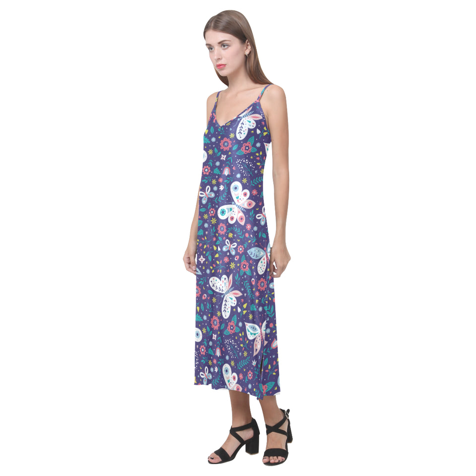 Colorful butterfly flower pattern.eps V-Neck Open Fork Long Dress