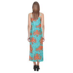Octopus turquoise background V-Neck Open Fork Long Dress