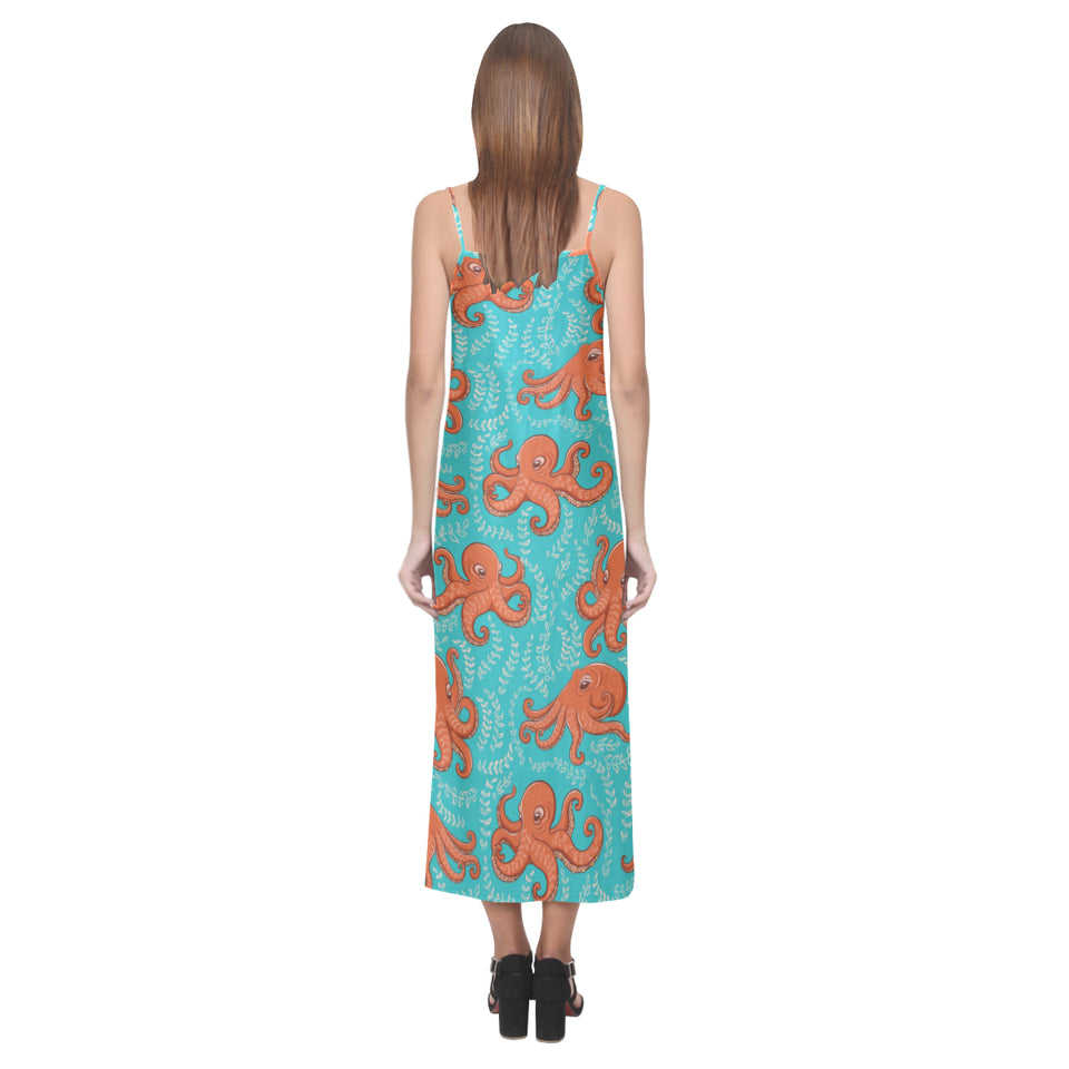 Octopus turquoise background V-Neck Open Fork Long Dress