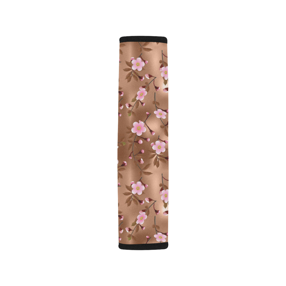 Pink sakura cherry blossom drak brown background Car Seat Belt Cover