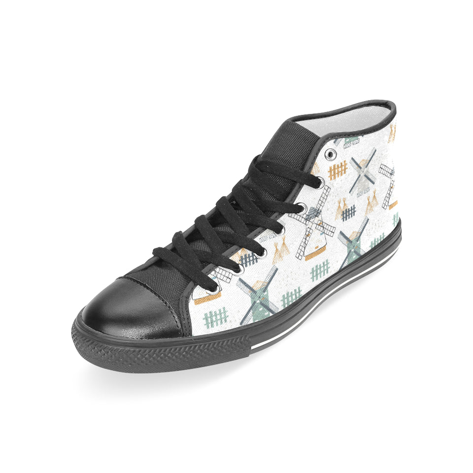 windmill pattern Women's High Top Canvas Shoes Black