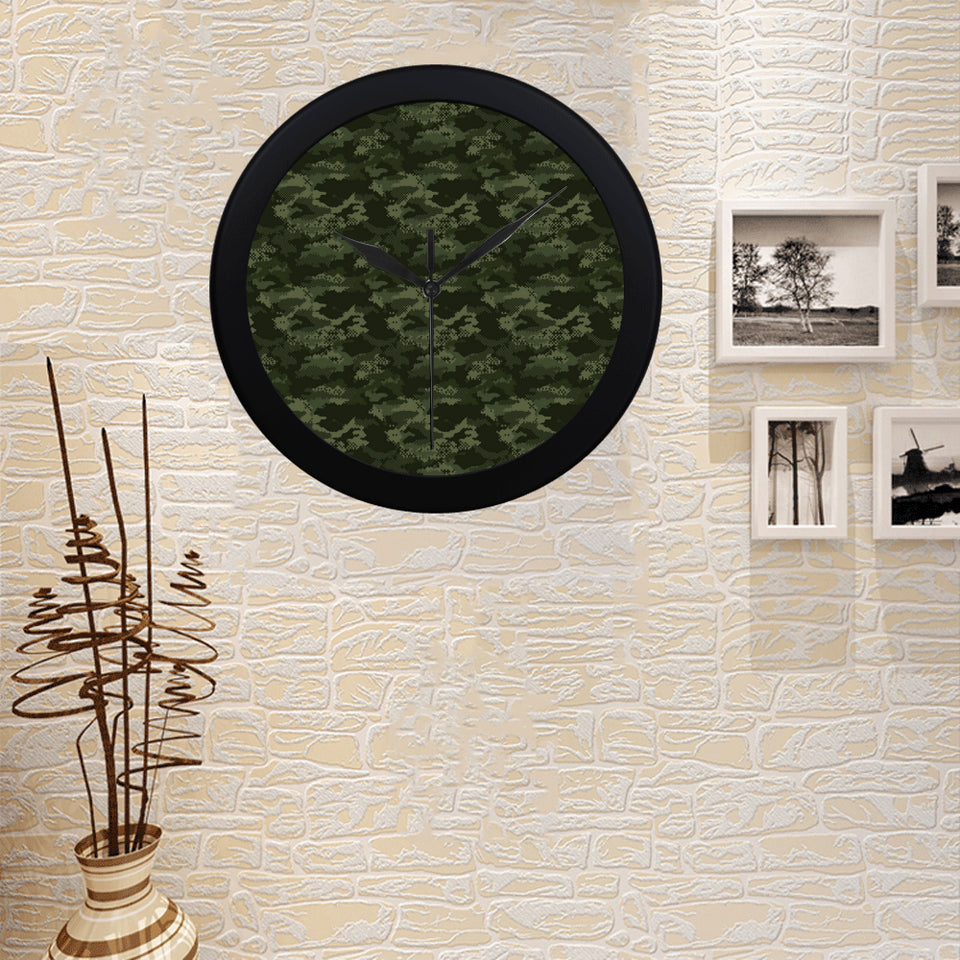 Digital Green camouflage pattern Elegant Black Wall Clock