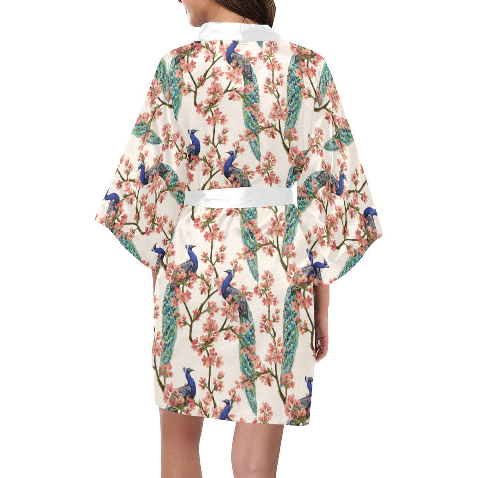 Peacock tropical flower pattern Women's Short Kimono Robe