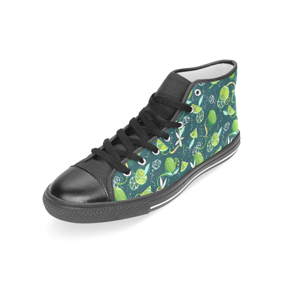 Lime ice flower pattern Women's High Top Canvas Shoes Black