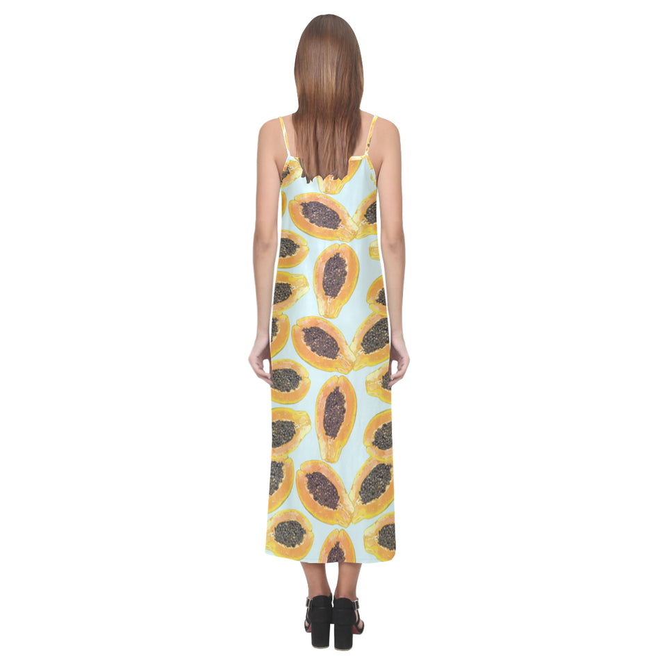 Watercolor papaya pattern V-Neck Open Fork Long Dress