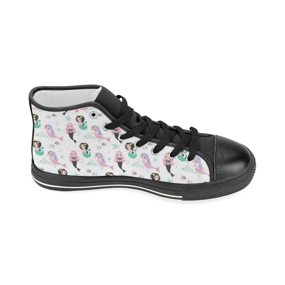 cute mermaid dolphin fish starfish pattern Women's High Top Canvas Shoes Black