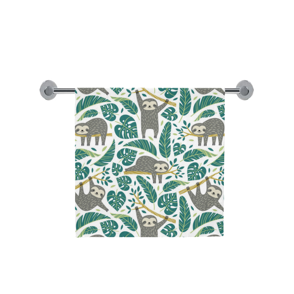 Cute sloths tropical palm leaves white background Bath Towel