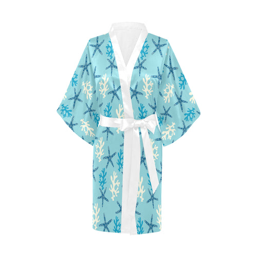 Blue starfish coral reef pattern Women's Short Kimono Robe