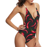 Chili peppers pattern black background Women's One-Piece Swimsuit