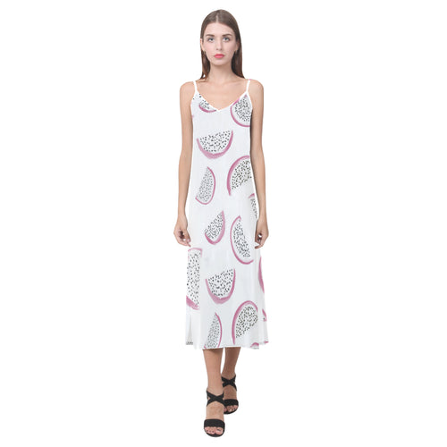 dragon fruit pattern V-Neck Open Fork Long Dress