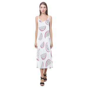 dragon fruit pattern V-Neck Open Fork Long Dress