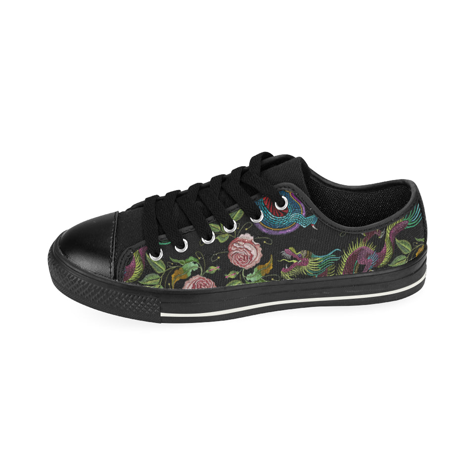 Dragons flower pattern Men's Low Top Canvas Shoes Black