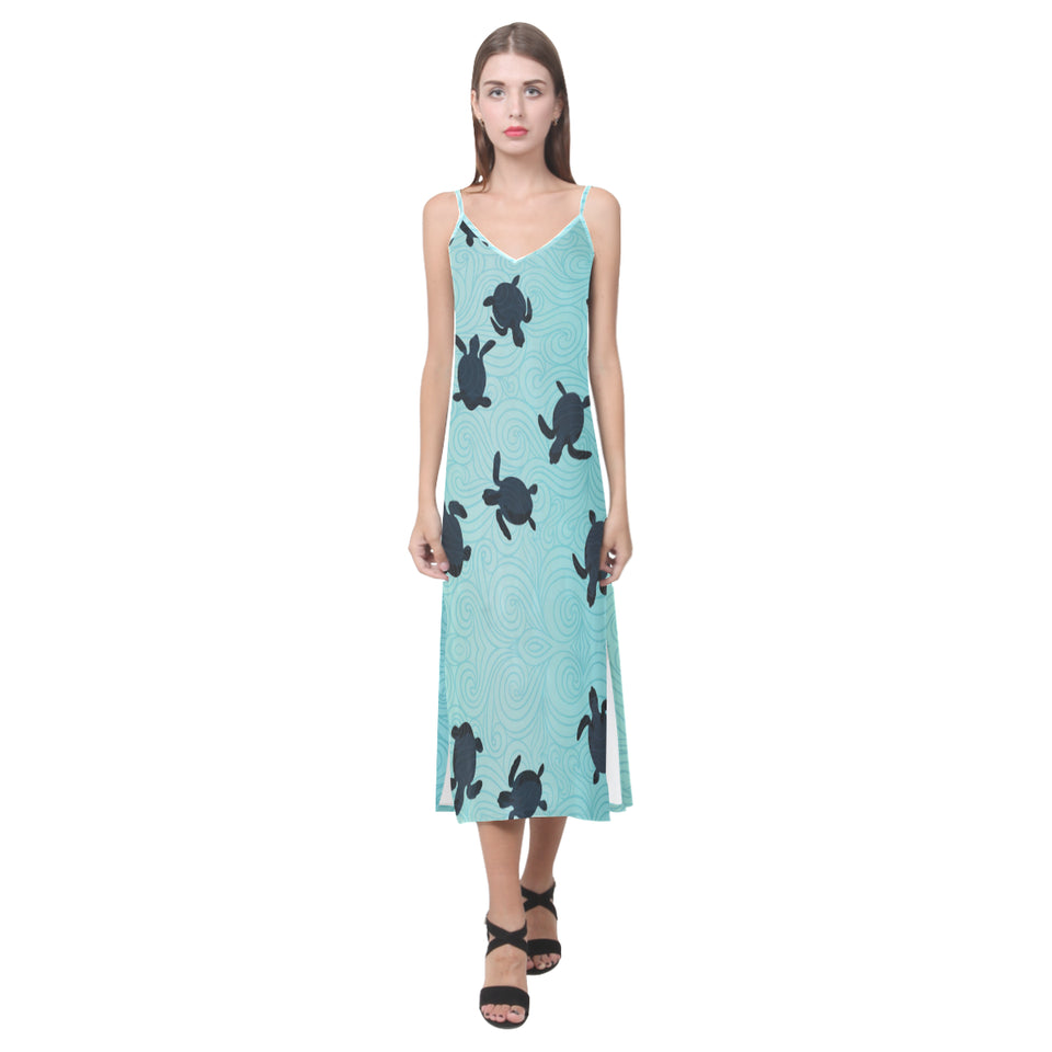 Sea turtle with blue ocean backgroud V-Neck Open Fork Long Dress