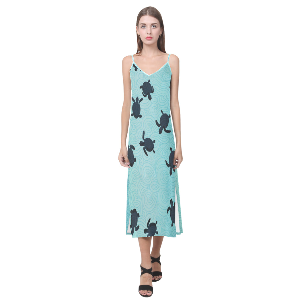 Sea turtle with blue ocean backgroud V-Neck Open Fork Long Dress