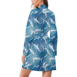 Shark hand drawn Women's Long Sleeve Belted Night Robe