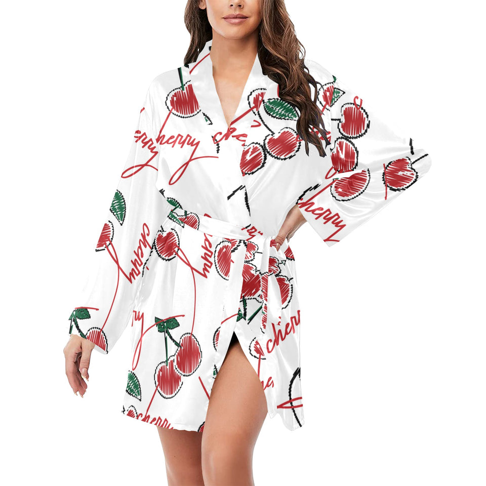 Hand drawn cherry pattern Women's Long Sleeve Belted Night Robe