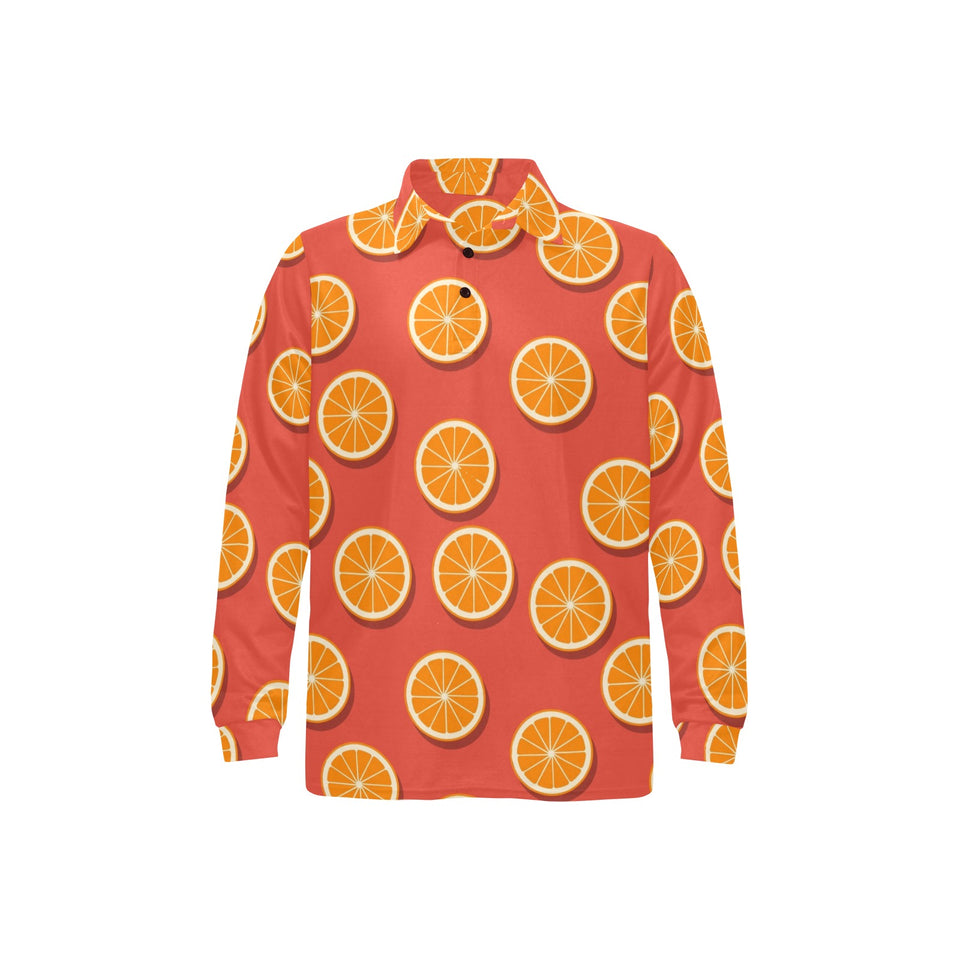 Oranges pattern red background Men's Long Sleeve Polo Shirt
