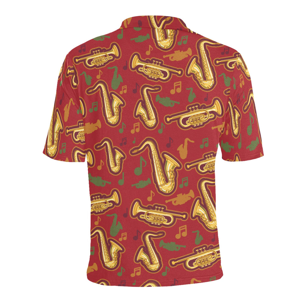 Saxophone cornet pattern red background Men's All Over Print Polo Shirt