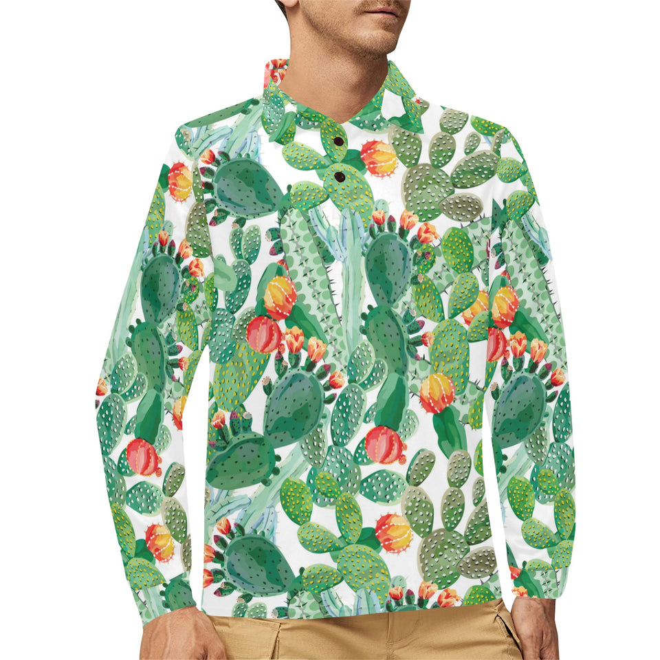 Cactus design pattern copy Men's Long Sleeve Polo Shirt