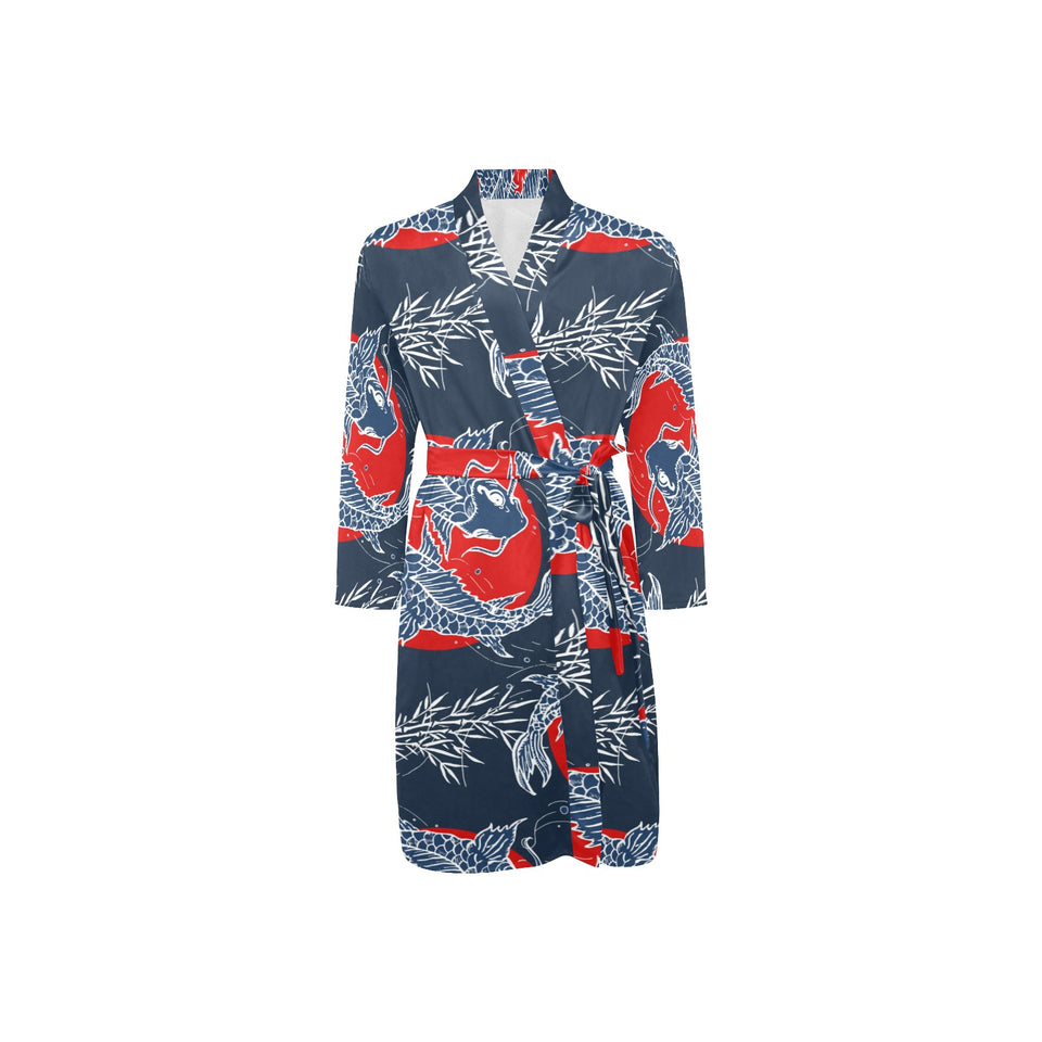 Koi Fish Carp Fishs hand drawn japanese art Men's Long Sleeve Belted Night Robe
