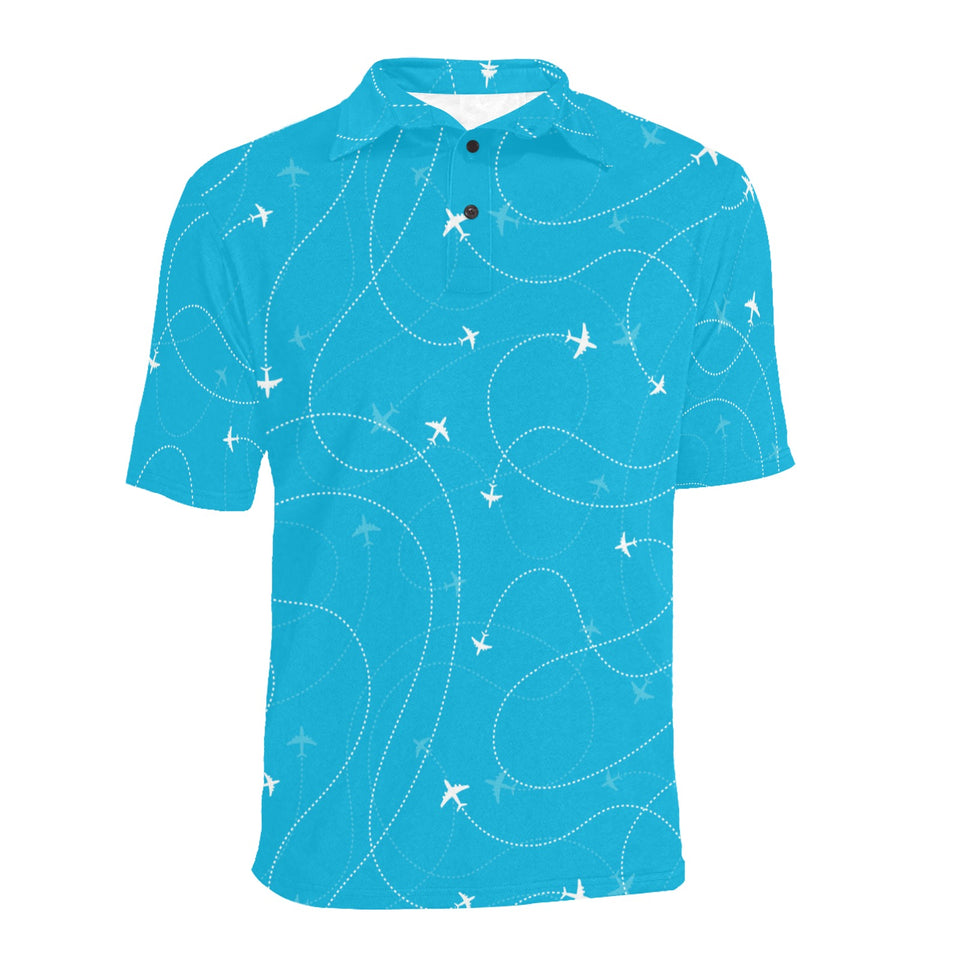 Airplane destinations blue background Men's All Over Print Polo Shirt