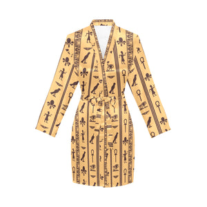 Egypt Hieroglyphics Pattern Print Design 02 Women's Long Sleeve Belted Night Robe