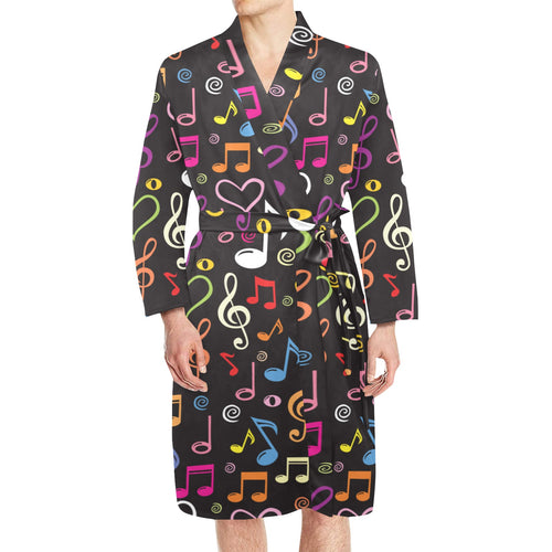 Music Notes Pattern Print Design 02 Men's Long Sleeve Belted Night Robe