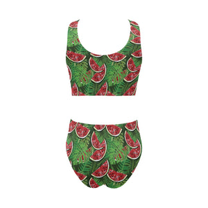 Watermelons tropical palm leaves pattern backgroun Chest Bowknot High Waisted Bikini Swimsuit