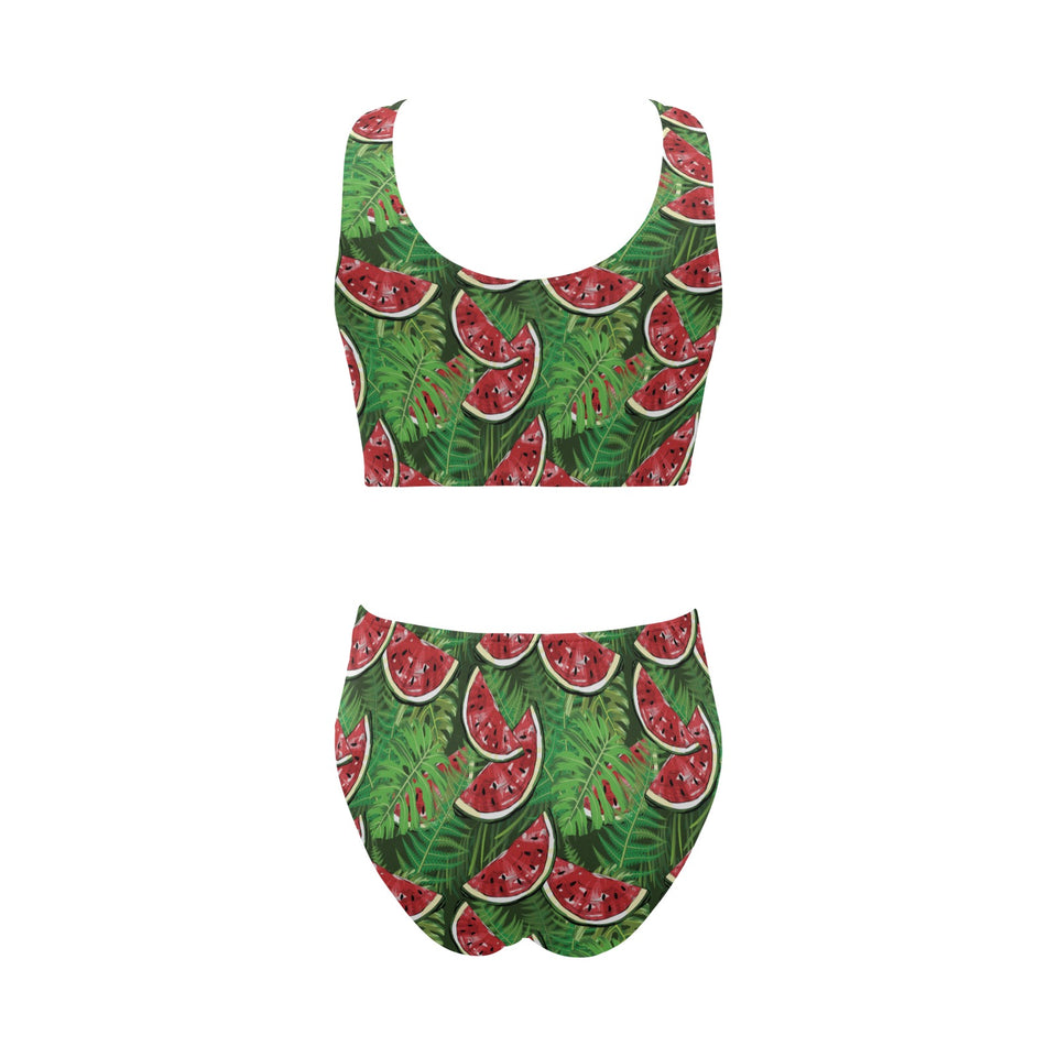 Watermelons tropical palm leaves pattern backgroun Chest Bowknot High Waisted Bikini Swimsuit