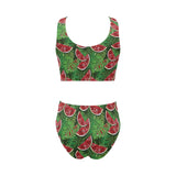 Watermelons tropical palm leaves pattern backgroun Chest Bowknot High Waisted Bikini Swimsuit