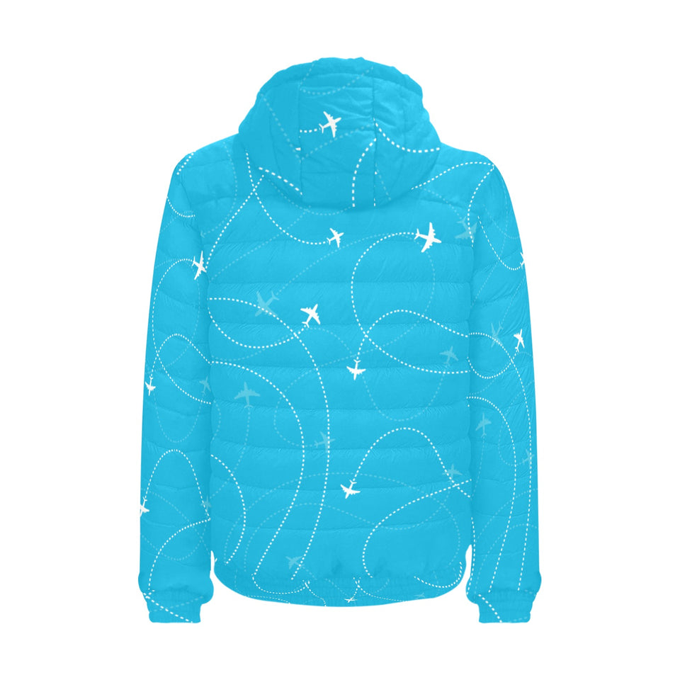 Airplane destinations blue background Men's Padded Hooded Jacket