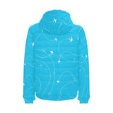 Airplane destinations blue background Men's Padded Hooded Jacket
