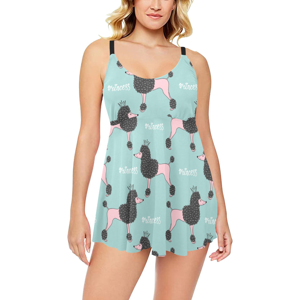 poodle dog green background Chest Sexy Pleated Two Piece Swim Dress