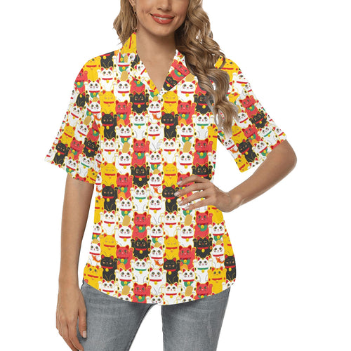 Colorful Maneki neko cat pattern Women's All Over Print Hawaiian Shirt