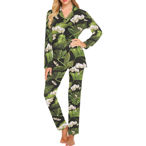 White orchid flower tropical leaves pattern blackg Women's Long Pajama Set