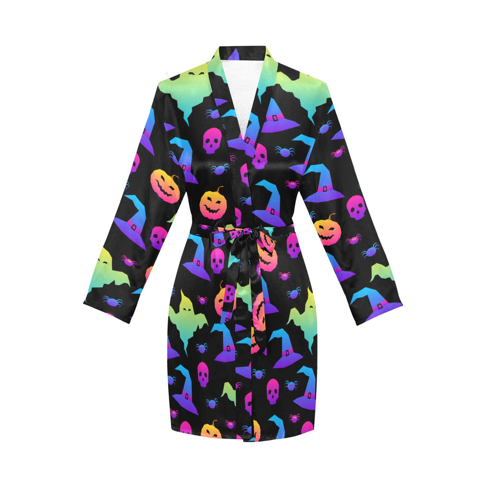 Colorful halloween background Women's Long Sleeve Belted Night Robe