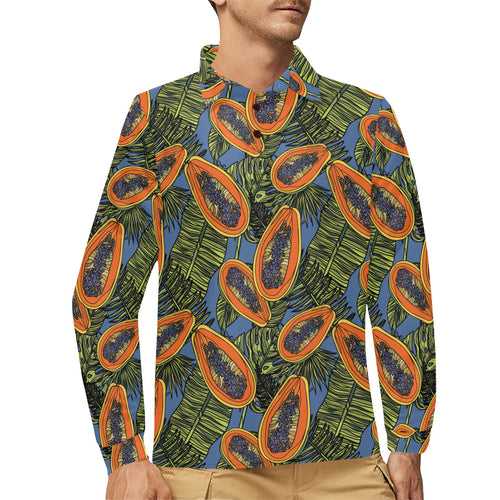 Colorful papaya tropical leaves Men's Long Sleeve Polo Shirt