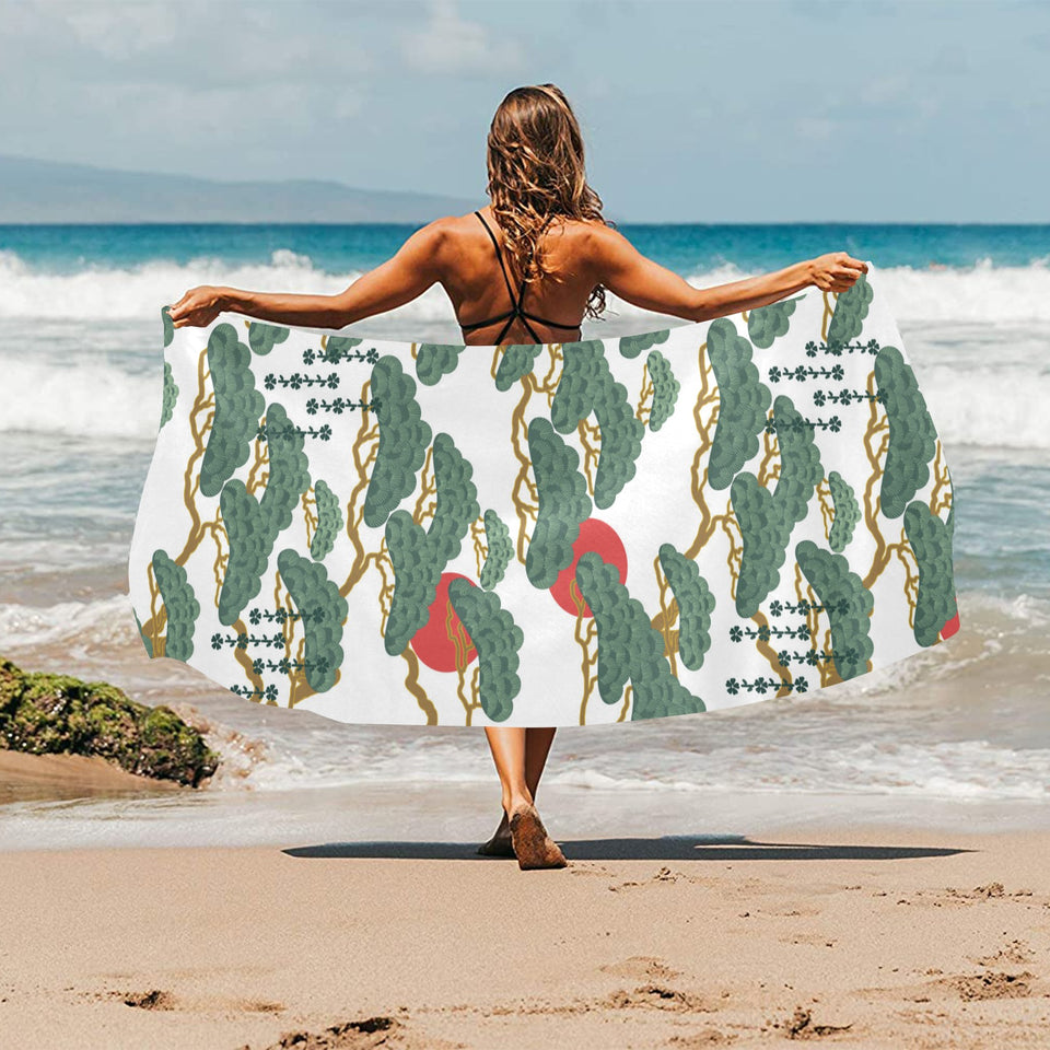 Bonsai red sun japanese pattern Beach Towel