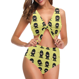 Cute ninja yellow background Chest Bowknot High Waisted Bikini Swimsuit