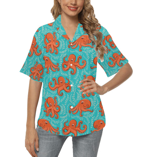 Octopus turquoise background Women's All Over Print Hawaiian Shirt
