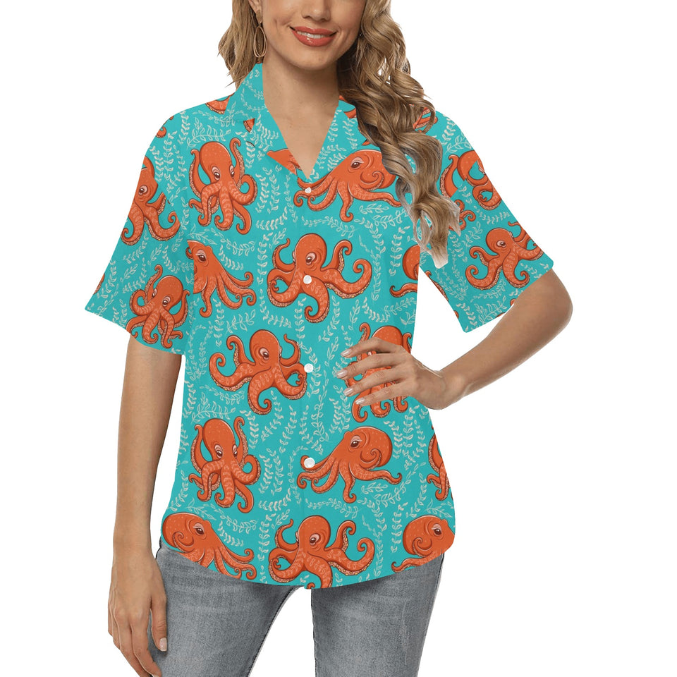 Octopus turquoise background Women's All Over Print Hawaiian Shirt