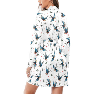 Swallow Pattern Print Design 04 Women's Long Sleeve Belted Night Robe