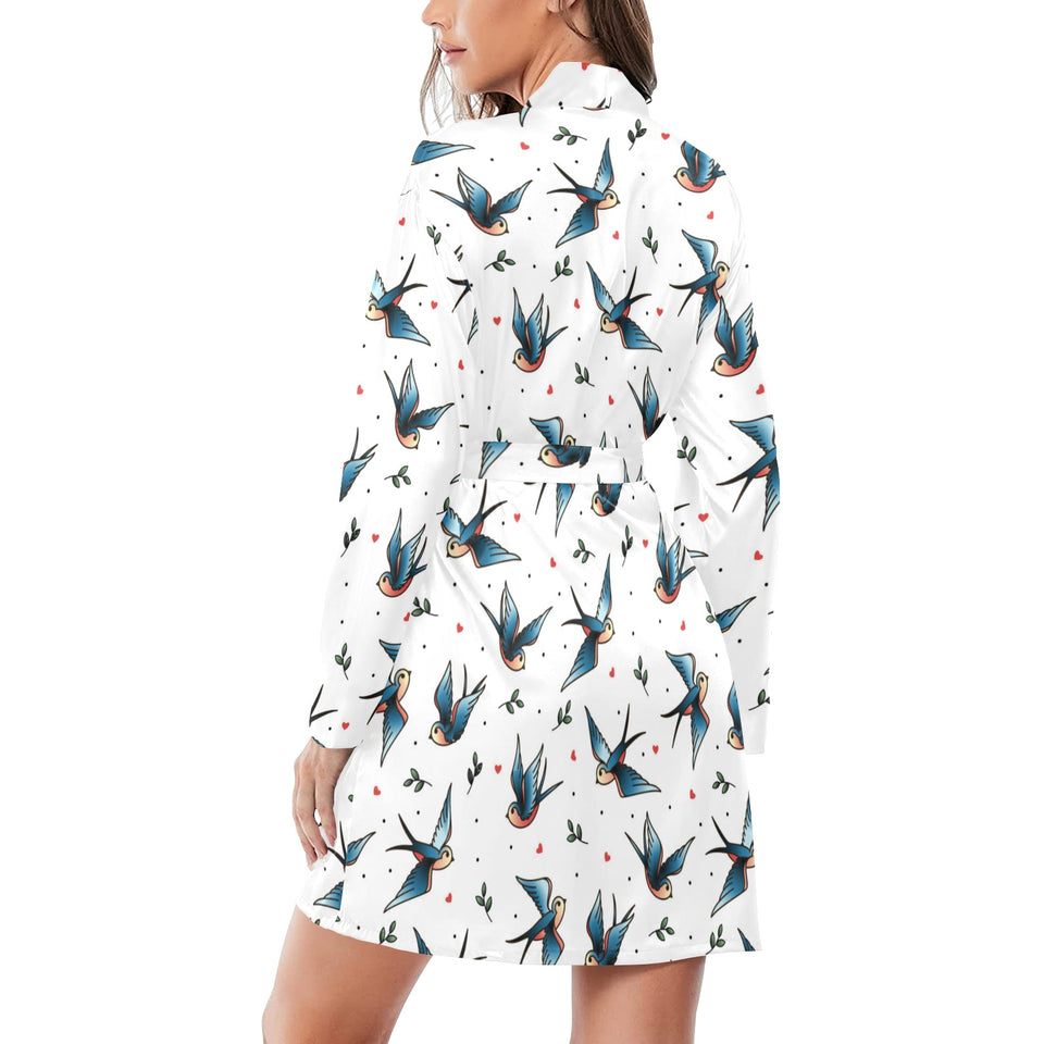 Swallow Pattern Print Design 04 Women's Long Sleeve Belted Night Robe